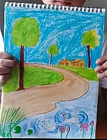 Student drawing — Lake & trees